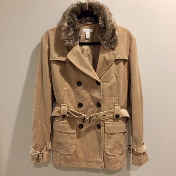 Charter Club faux fur tan pea coat trench jacket vintage Y2k double breasted - Picture 1 of 3